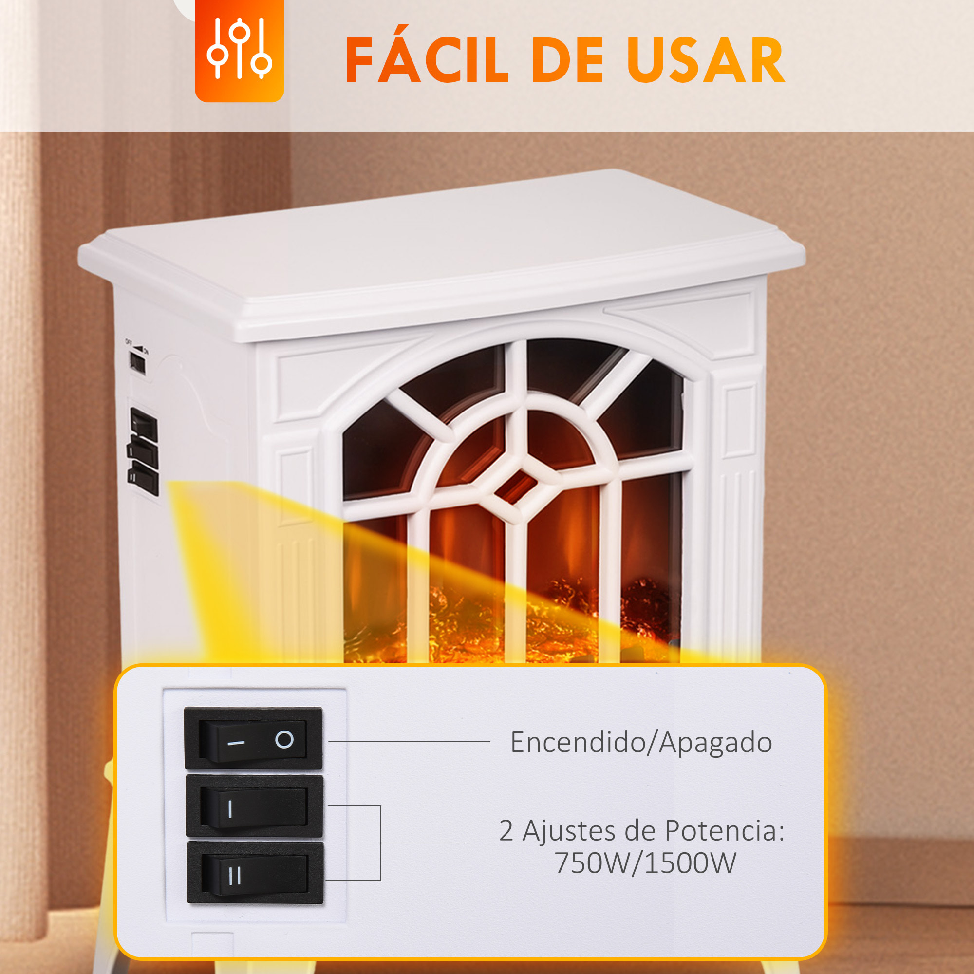 Chimenea Eléctrica 1000 W/2000 W Chimenea Decorativa con Temperatura Ajustable LED Llamas y Protección Sobrecalentamiento para 15-20 ãŽ¡ 36,5x24x46 cm Blanco