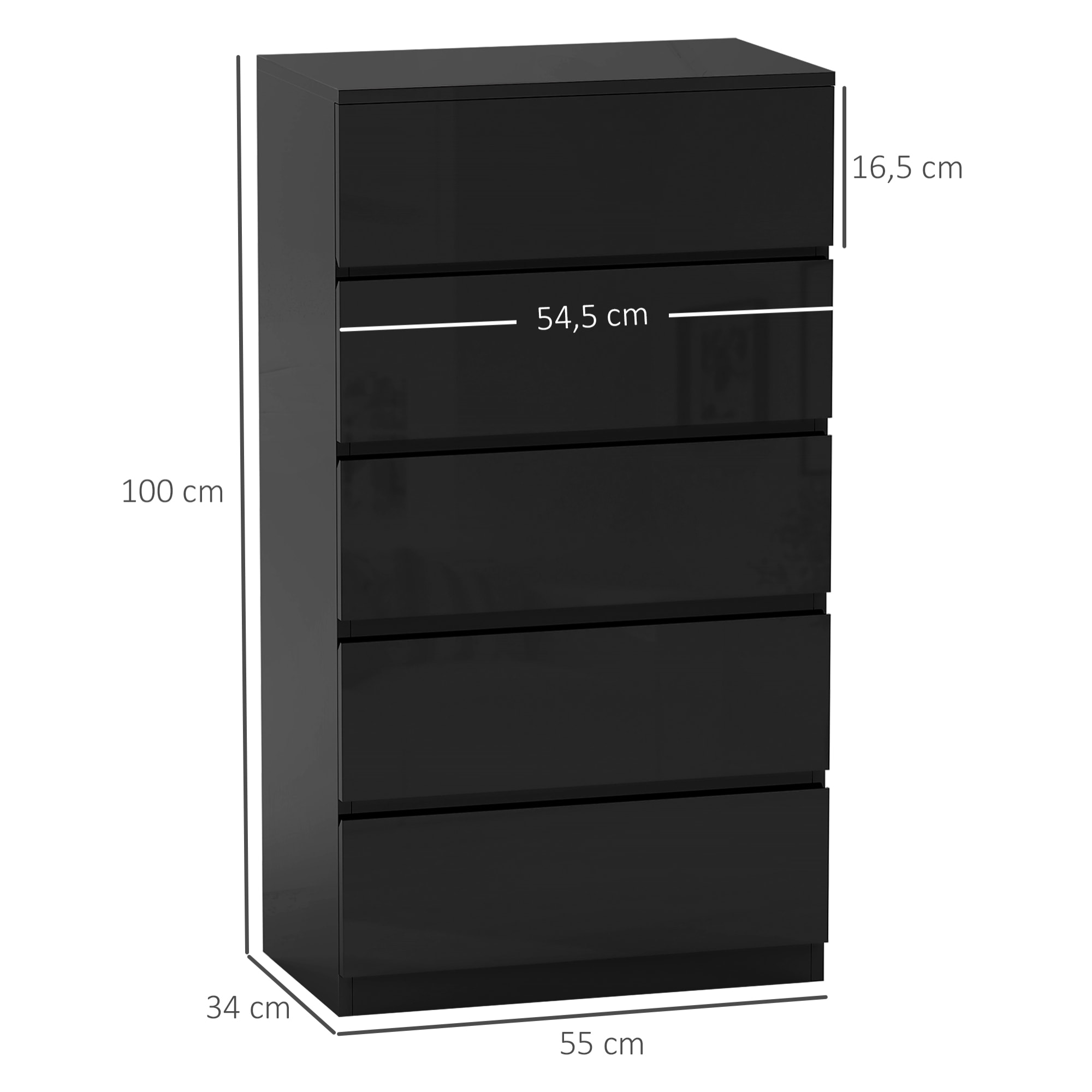 Cómoda con 5 Cajones Cómoda de Dormitorio Moderna con Diseño Anti-vuelco Cajonera para Salón Pasillo 55x34x100 cm Negro Brillo