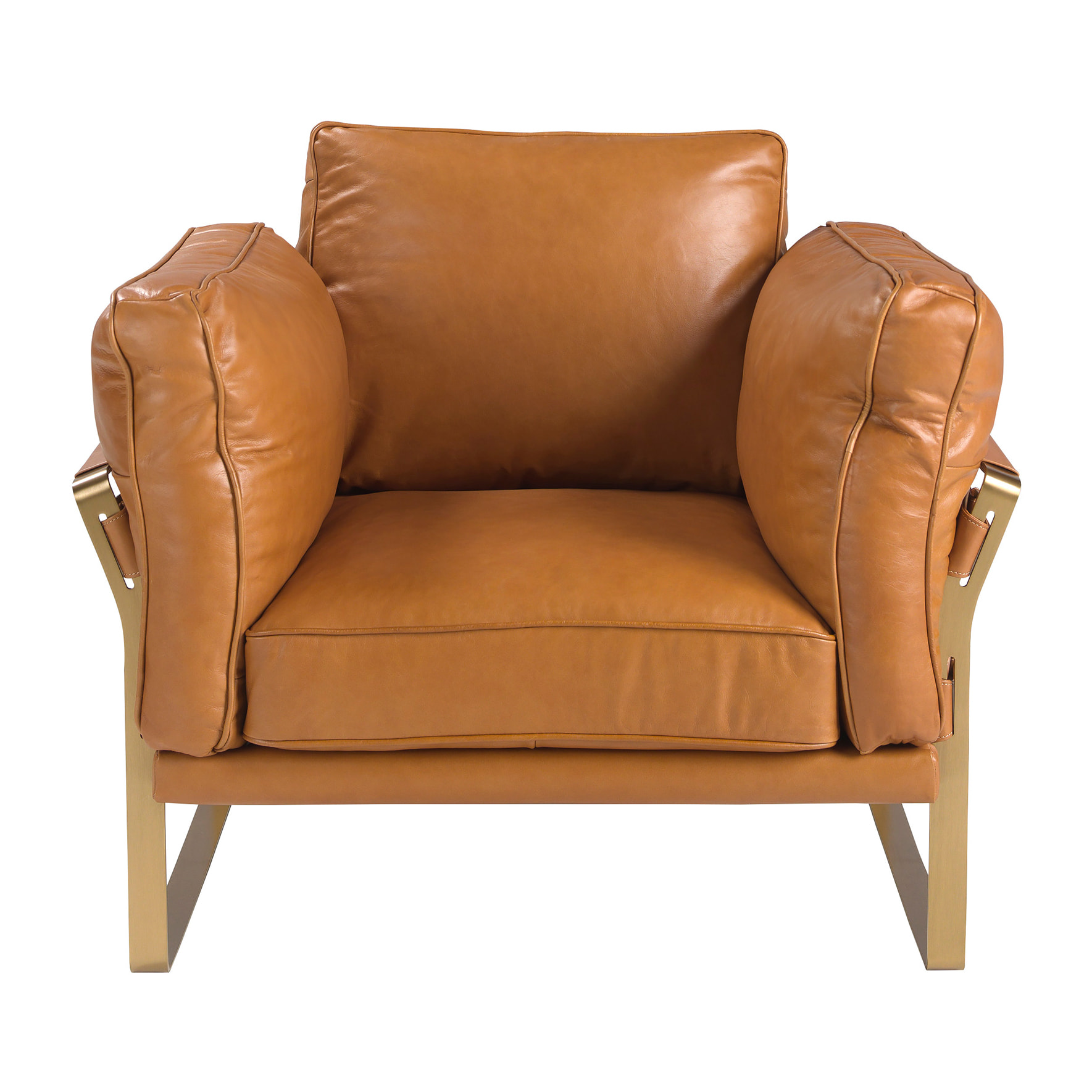 Sillón Angel Cerdá con reposabrazos con asiento y respaldo tapizados en piel de origen vacuno en camel ppatas de acero inoxidable en dorado 97x88x82cm