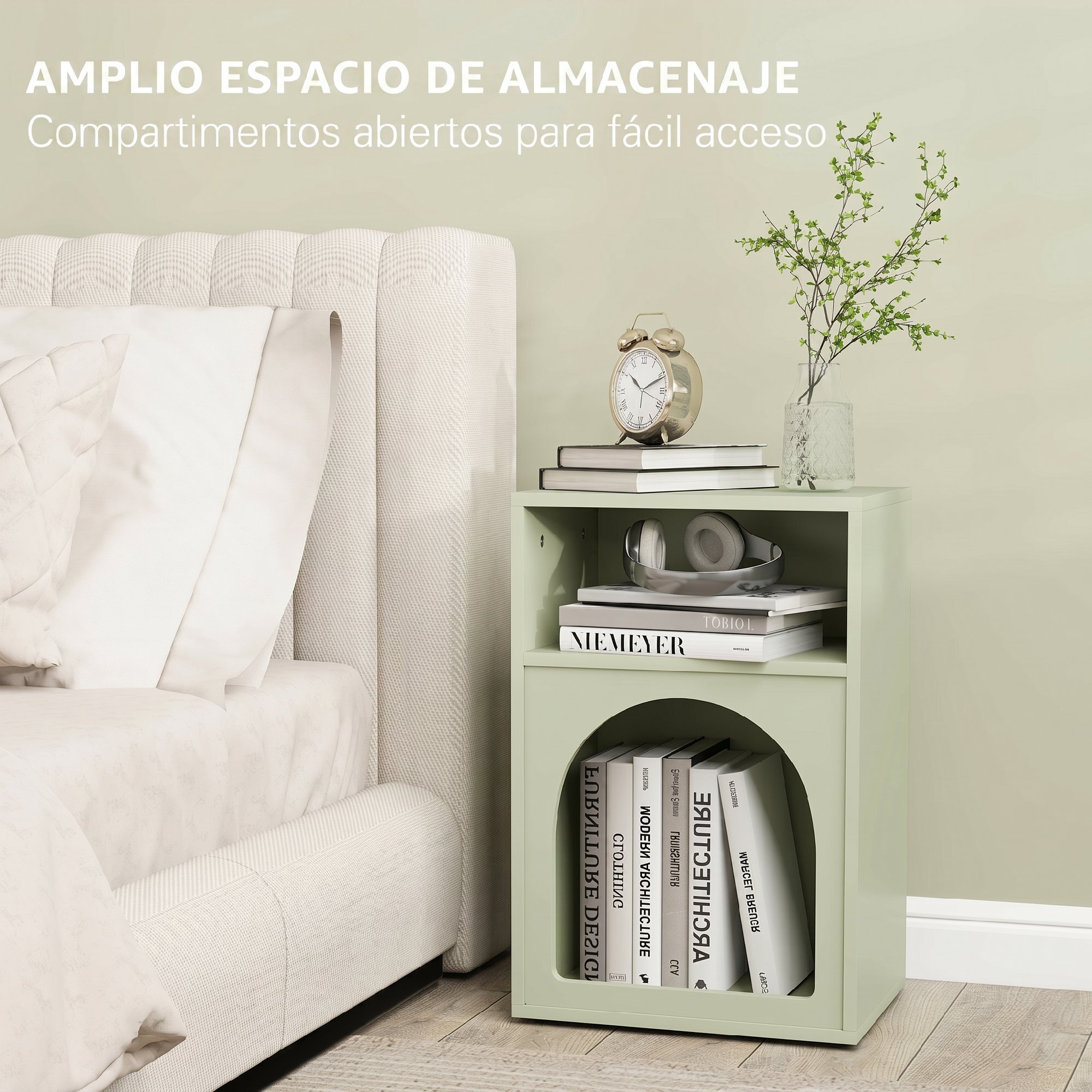 Juego de 2 Mesitas de Noche Modernas Mesillas de Noche Estrechas con 2 Compartimentos Abiertos Diseño en Forma de Arco Mesas Auxiliares para Salón Dormitorio 40x30x60 cm Verde Claro