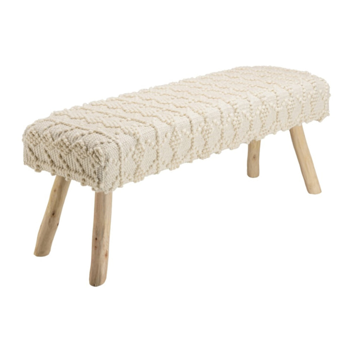SACHA - Banc 120x40cm laine motifs losanges couleur ivoire pieds bois