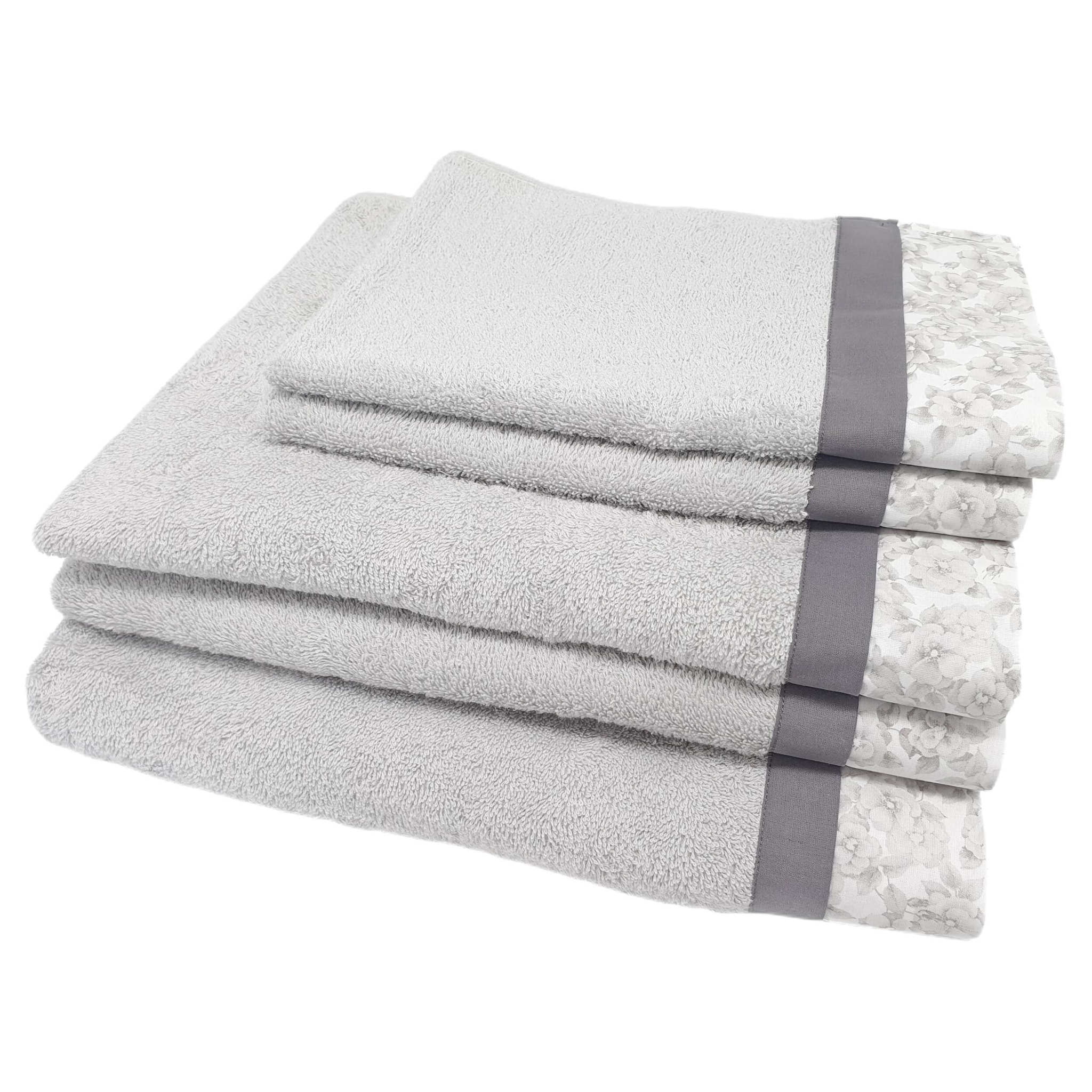 Set Spugna PRIMULA 5 Pezzi: 2 Viso+2 Ospite + 1 Telo Bagno - 450 gr/m² - Grigio - Puro Cotone