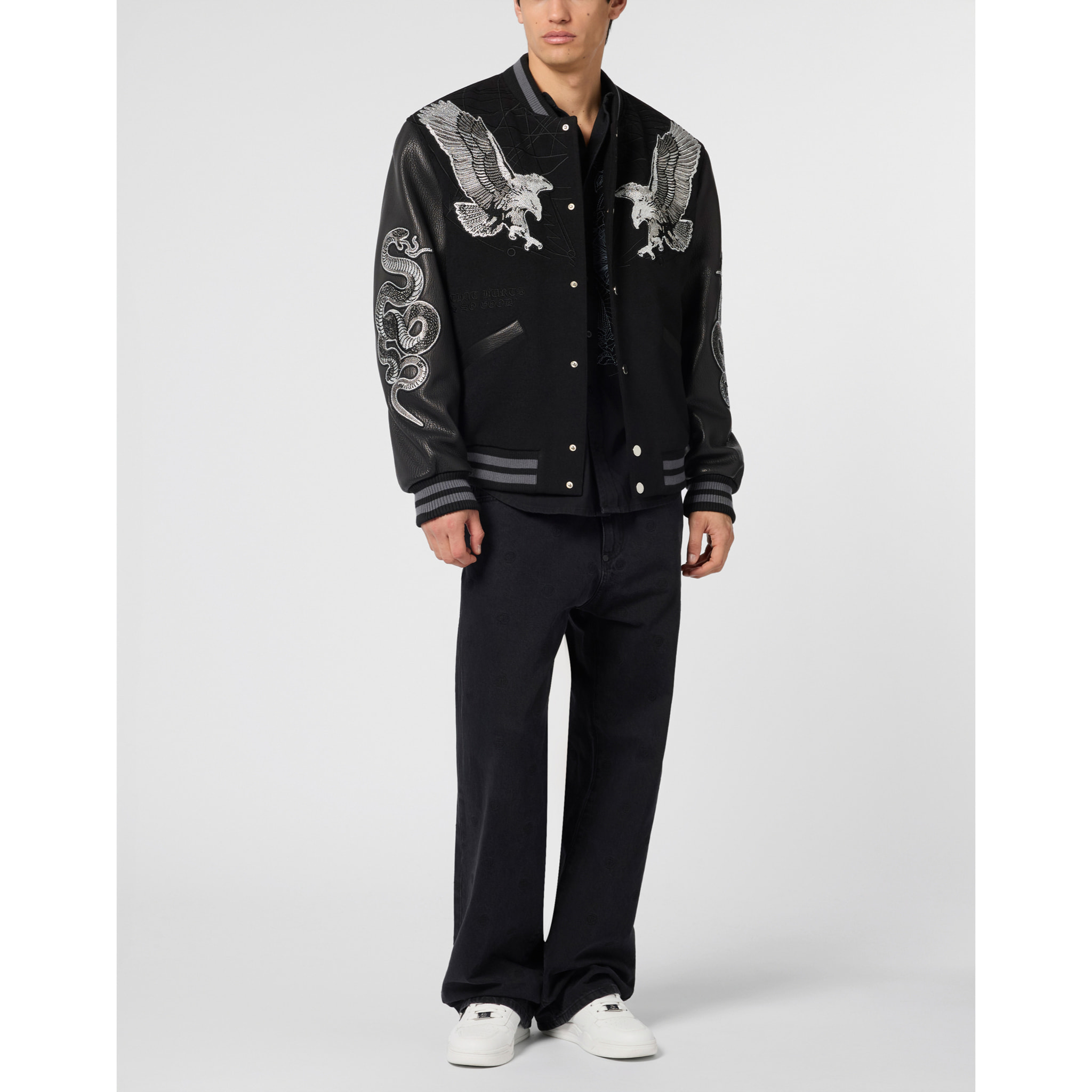 PHILIPP PLEIN Composed Varsity Bomber Tattoo Strass