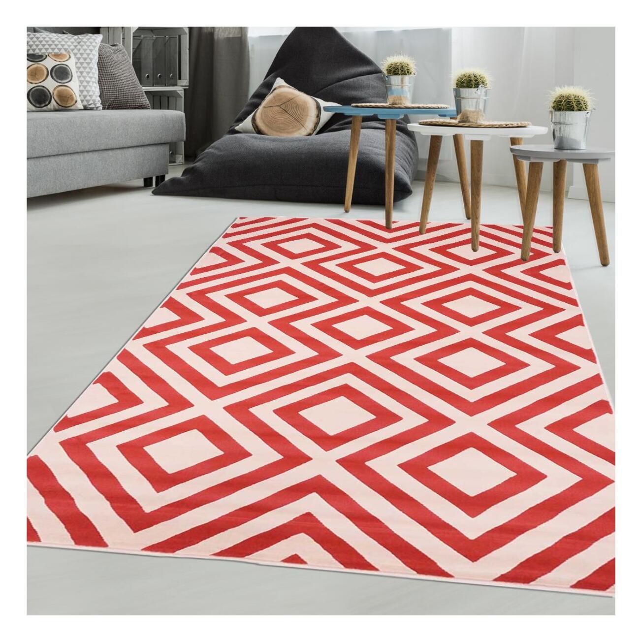 Petit tapis Begja rouge et blanc aux motifs géométriques scandinaves