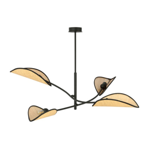 Lampada a sospensione Lotus in acciaio nero e rattan