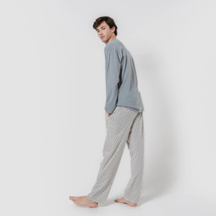 Pigiama lungo da uomo in cotone, blu-grigio nerd