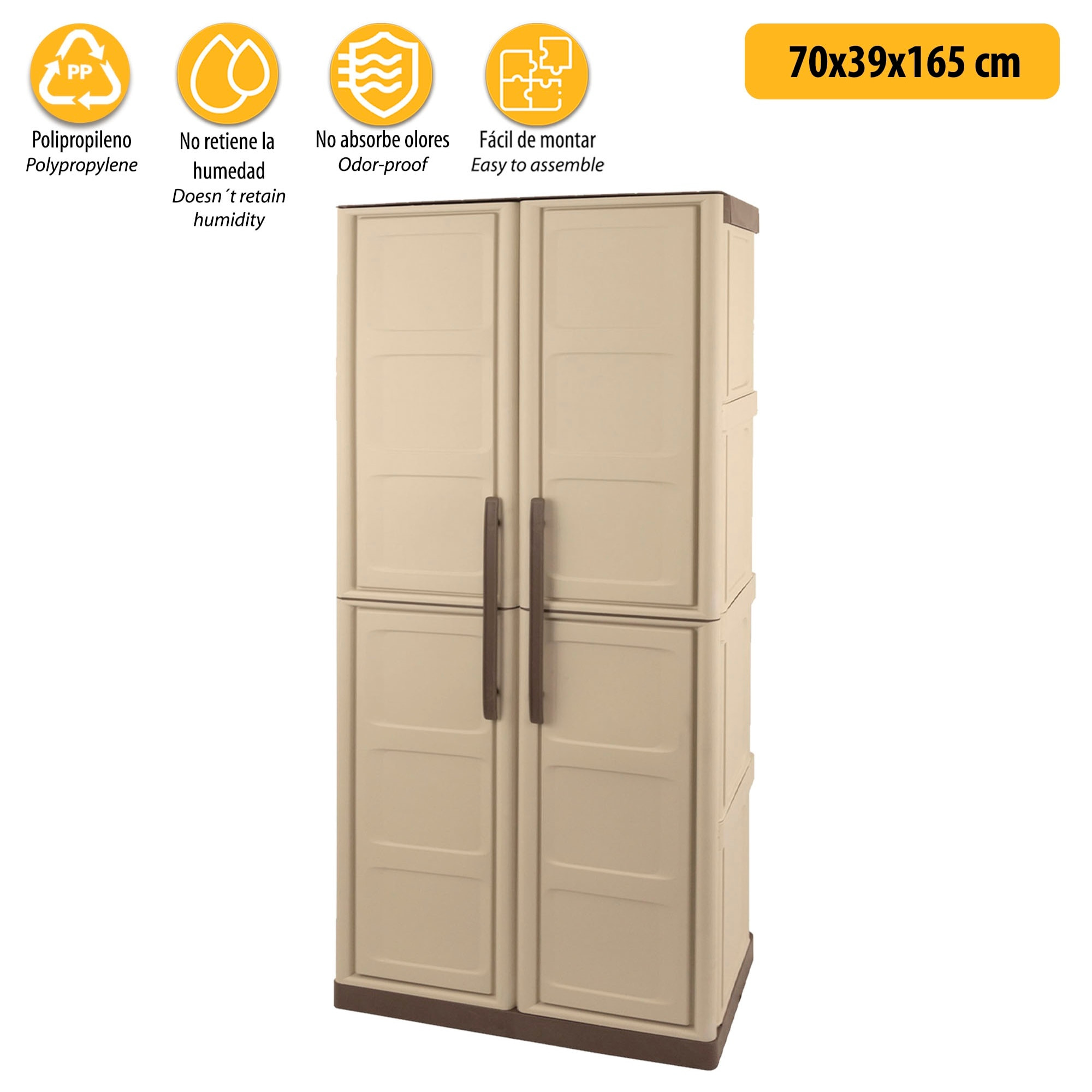 Armario de altura completa en polipropileno, material reciclable y ecológico sostenible, está equipado con bisagras de acero y estantes ajustables, di