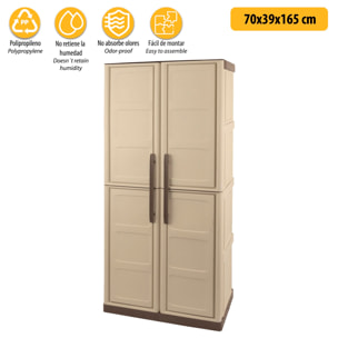 Armario de altura completa en polipropileno, material reciclable y ecológico sostenible, está equipado con bisagras de acero y estantes ajustables, di