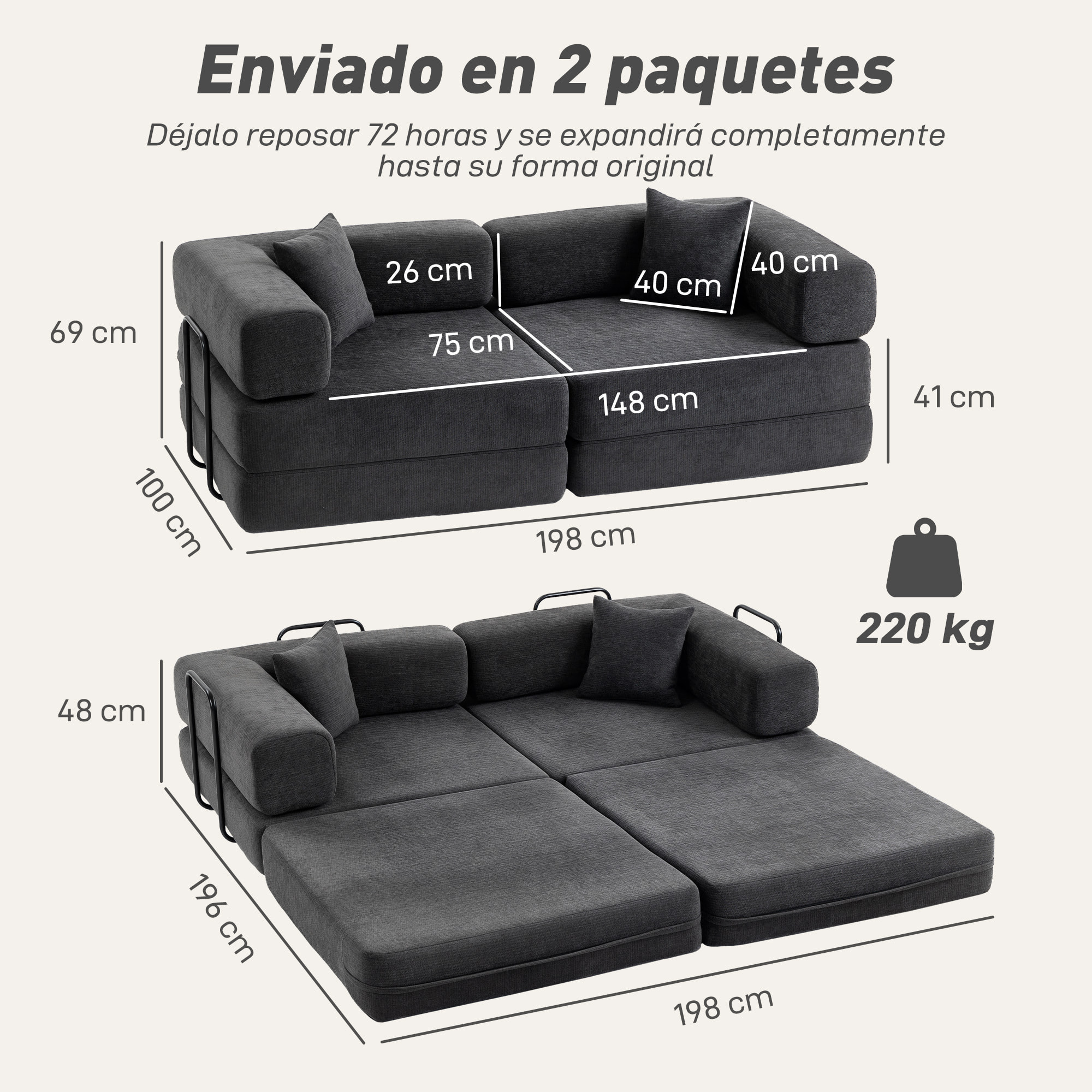 Sofá Cama de 2 Plazas Plegable, Sofá Cama, Tapizado en Chenilla, con 2 Almohadas, Reposabrazos Anchos, Acolchado Grueso, No Requiere Montaje, para Dormitorio, Salón, Gris Oscuro
