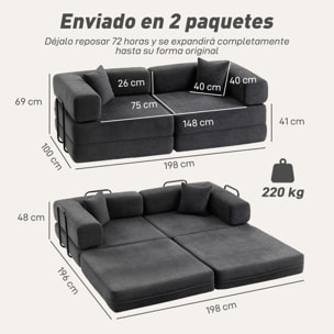 Sofá Cama de 2 Plazas Plegable, Sofá Cama, Tapizado en Chenilla, con 2 Almohadas, Reposabrazos Anchos, Acolchado Grueso, No Requiere Montaje, para Dormitorio, Salón, Gris Oscuro