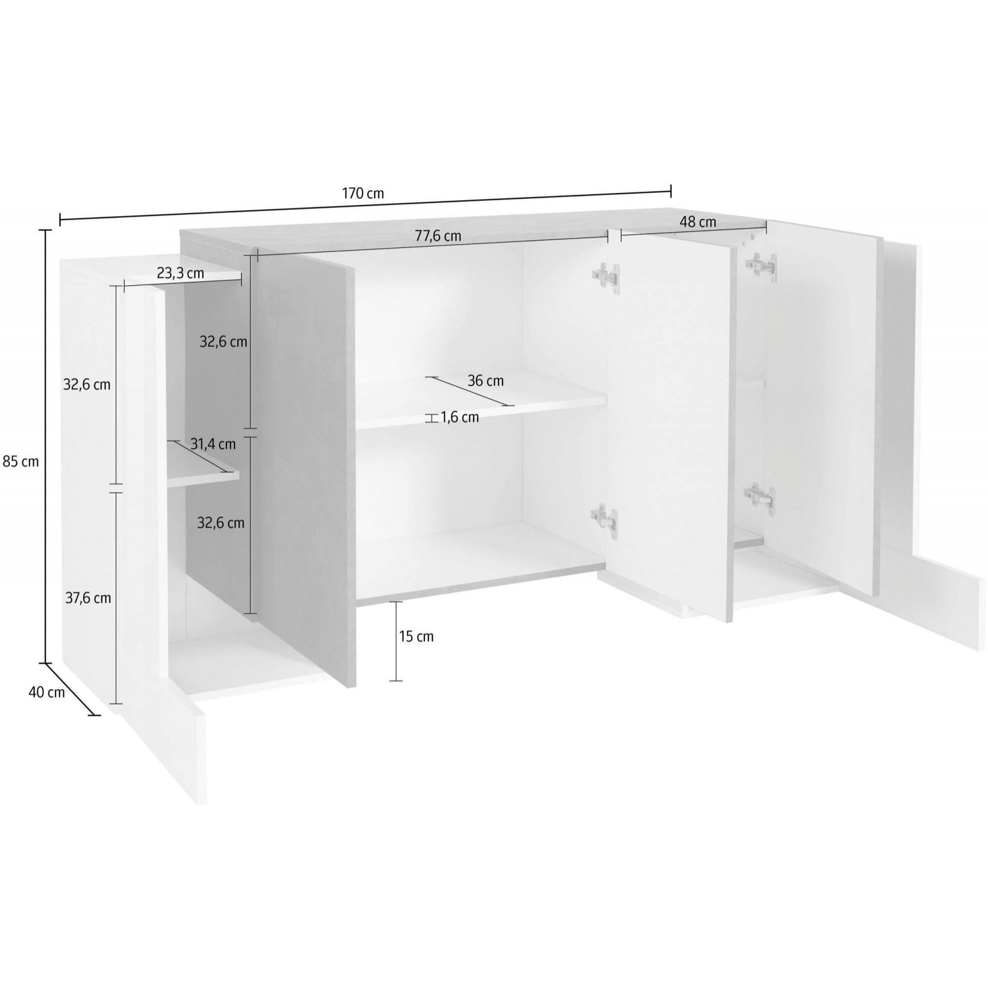 Credenza moderna a 5 ante, Made in Italy, Madia da cucina, Buffet di design da soggiorno, cm 170x45h85, colore Bianco lucido e Acero