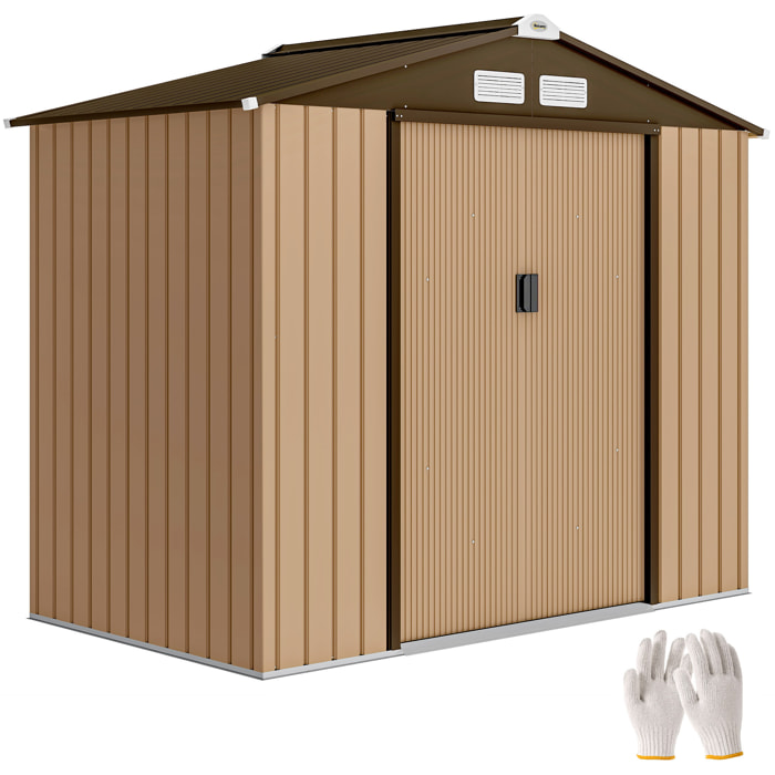 Caseta de Jardín Exterior 2,42 m², 213x130x185 cm, Cobertizo de Jardín Exterior Metálico con Puertas Correderas, Ventilación, y Guantes para Almacenamiento de Herramientas, Amarillo