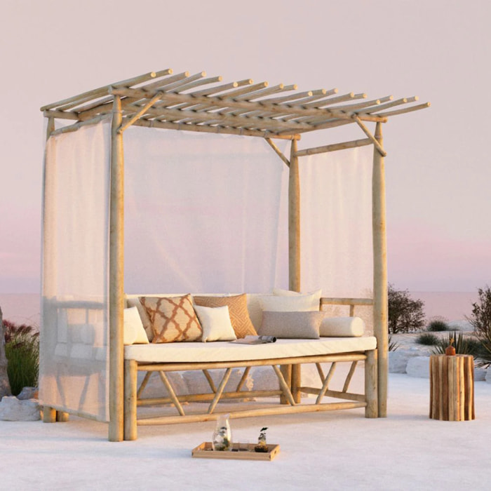 Lit à baldaquin d'extérieur en branche de teck et toile - Tika