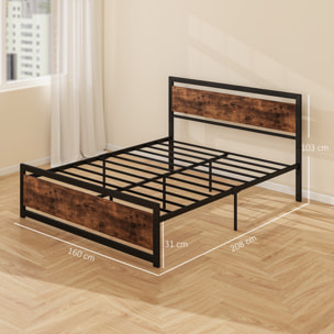 Lit double design industriel - tête de lit, pied de lit et sommier - dim. 208L x 167l x 103H cm - compatible matelas 200L x 160l cm - acier noir MDF aspect bois avec veinage