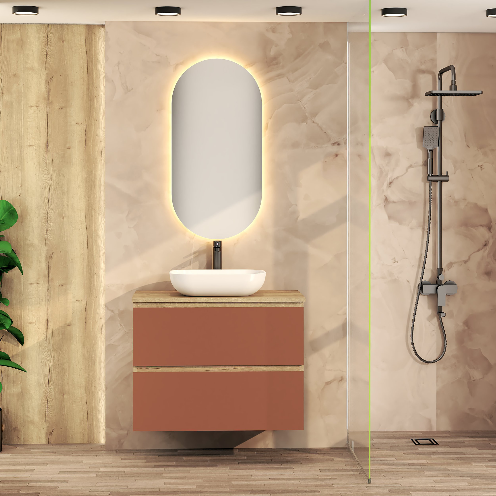 Ensemble de Salle de Bain Nia | Meuble Suspendu | 80 cm Scarlat | Deux Tiroirs |Lavabo sur Plan | Miroir non inclus | Meuble Monté | Alday