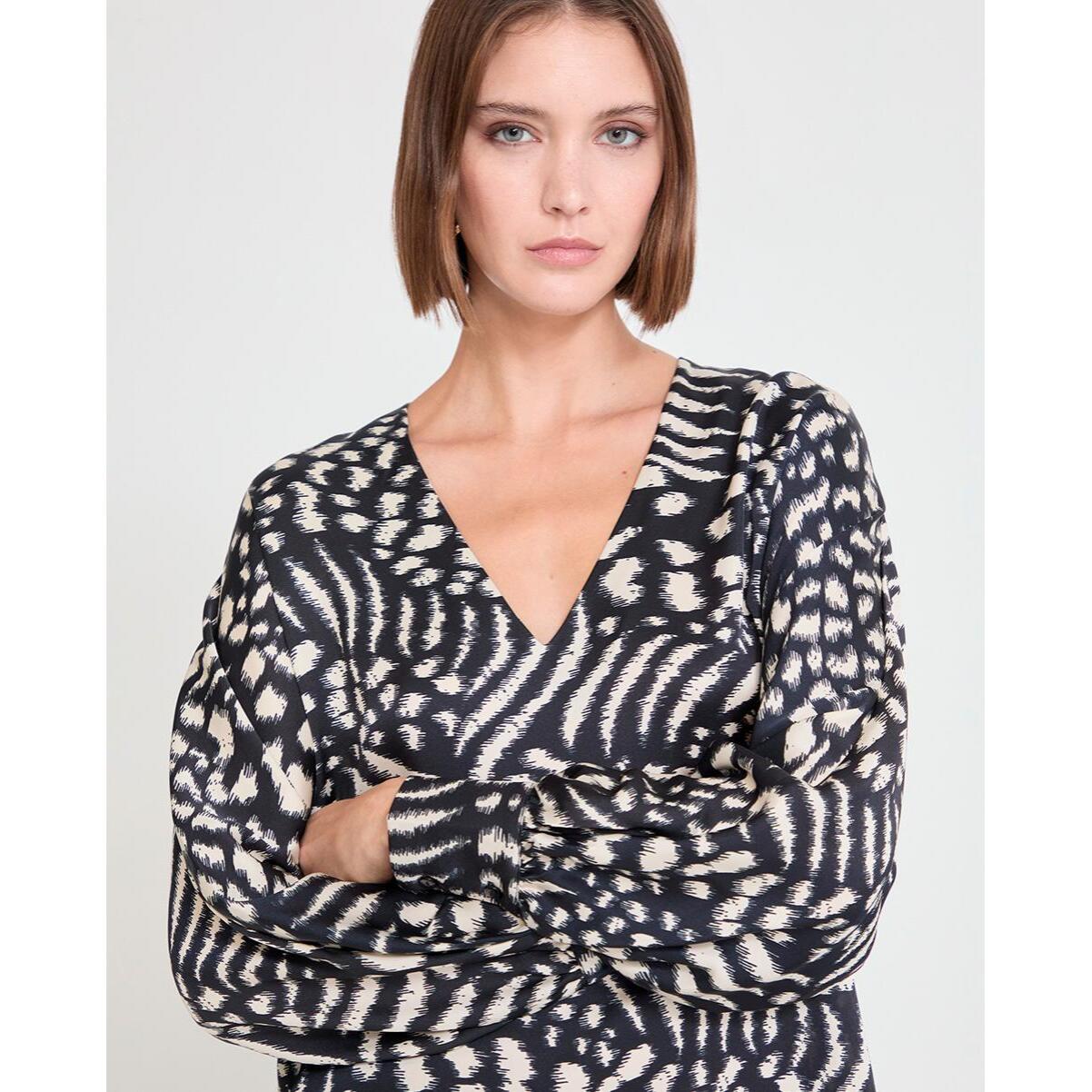 Blusa stampata con maniche a sbuffo e scollo a V