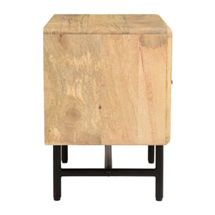 Table de chevet avec rangements bois manguier massif gravé et métal noir MORISSON