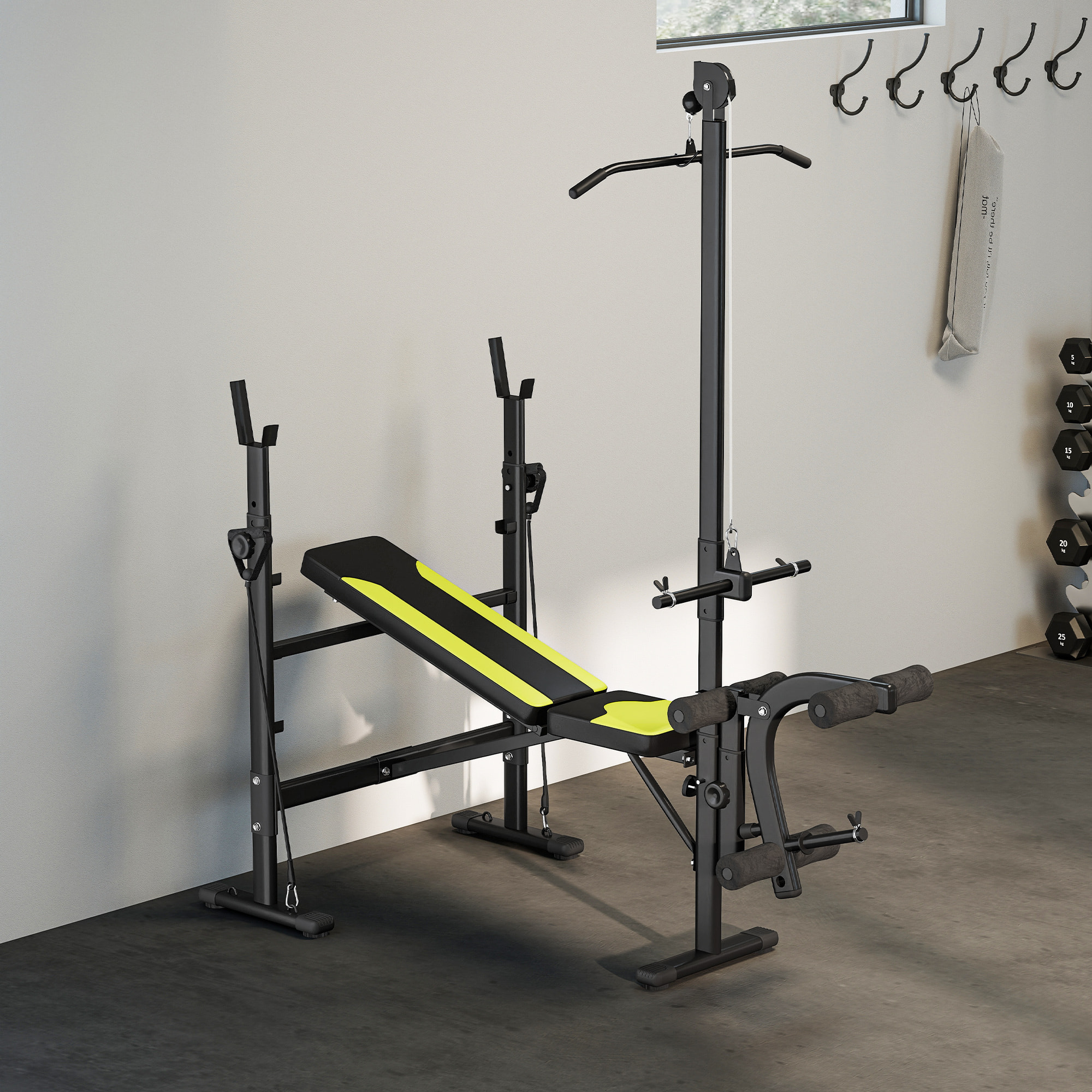 Banco de Pesas Multifuncional Banco de Musculación Reclinable con Altura Ajustable para Fitness Entrenamiento Completo en Gimnasio y Casa Carga 300 kg 175x110x202 cm Negro