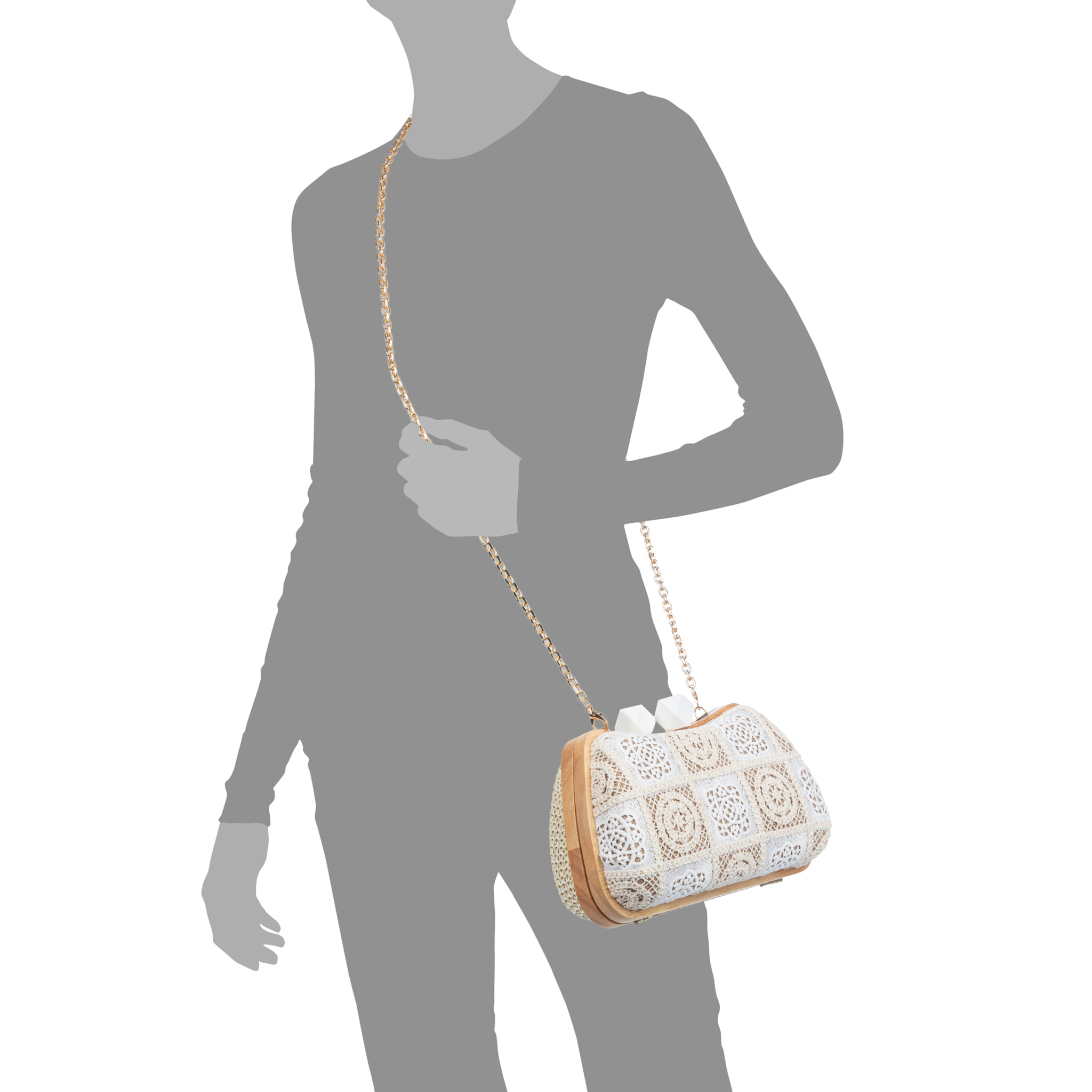 Bonamico Bolso bandolera Mujer. Fabricado en madera natural, algodón y paja trenzada.