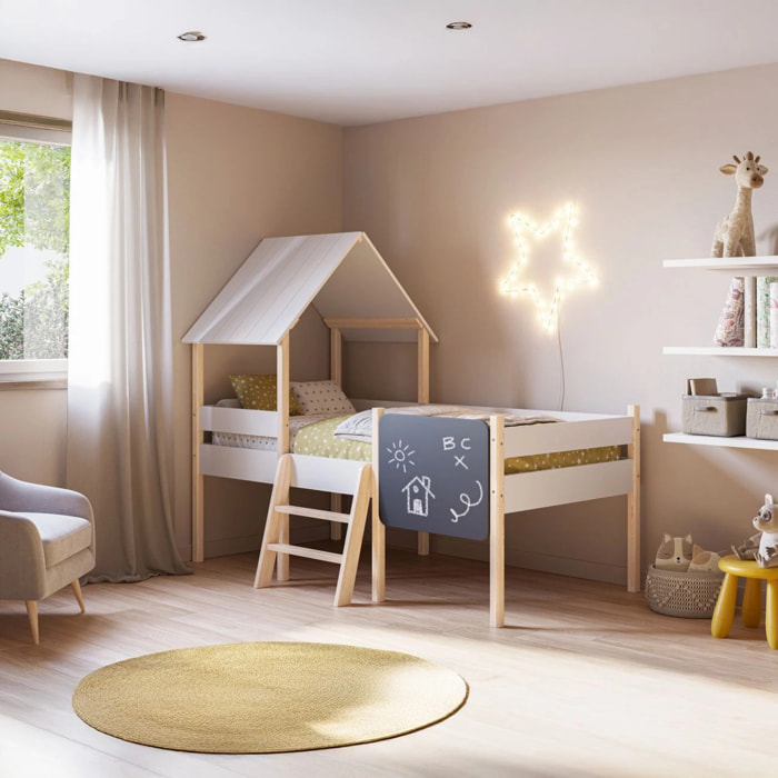 Cama infantil con diseño de cabaña en blanco y oak soft 110x202 cm Mokibed Blanco - Oak Soft