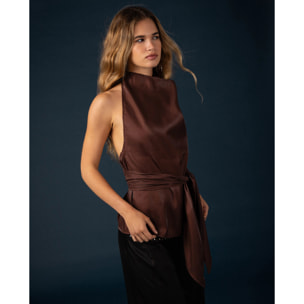 Top con cuello drapeado y fajín de mujer