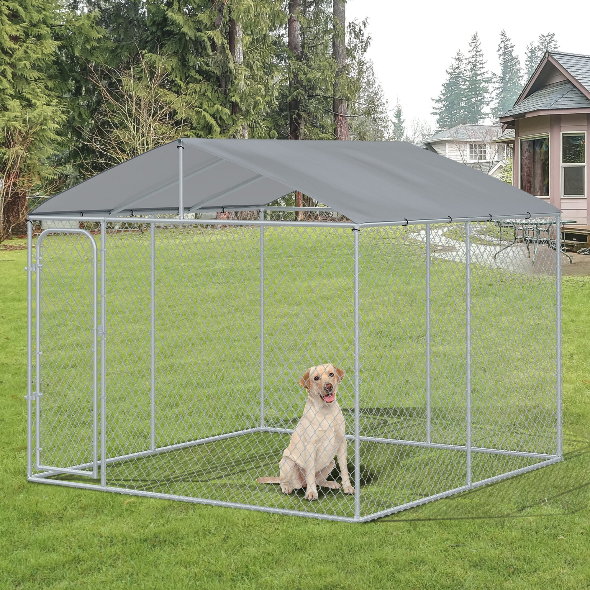 Perrera de Exterior con Toldo Jaula para Perros con 1 Puerta Anti-UV Impermeable y Marco de Acero para Jardín Patio 300x300x234 cm Plata