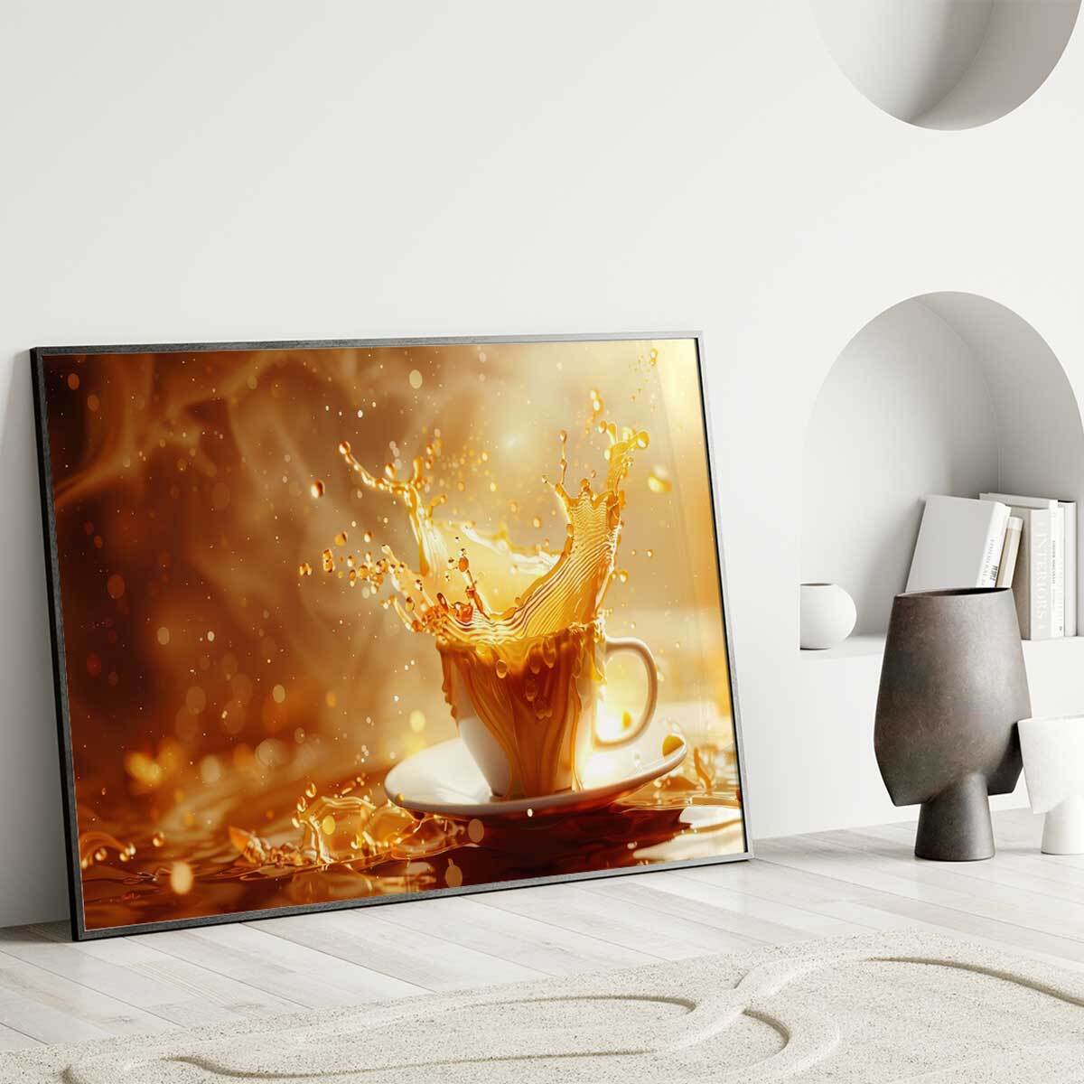 Affiche encadrée tasse dorée ambiance chaleureuse Affiche + cadre en métal - Noir