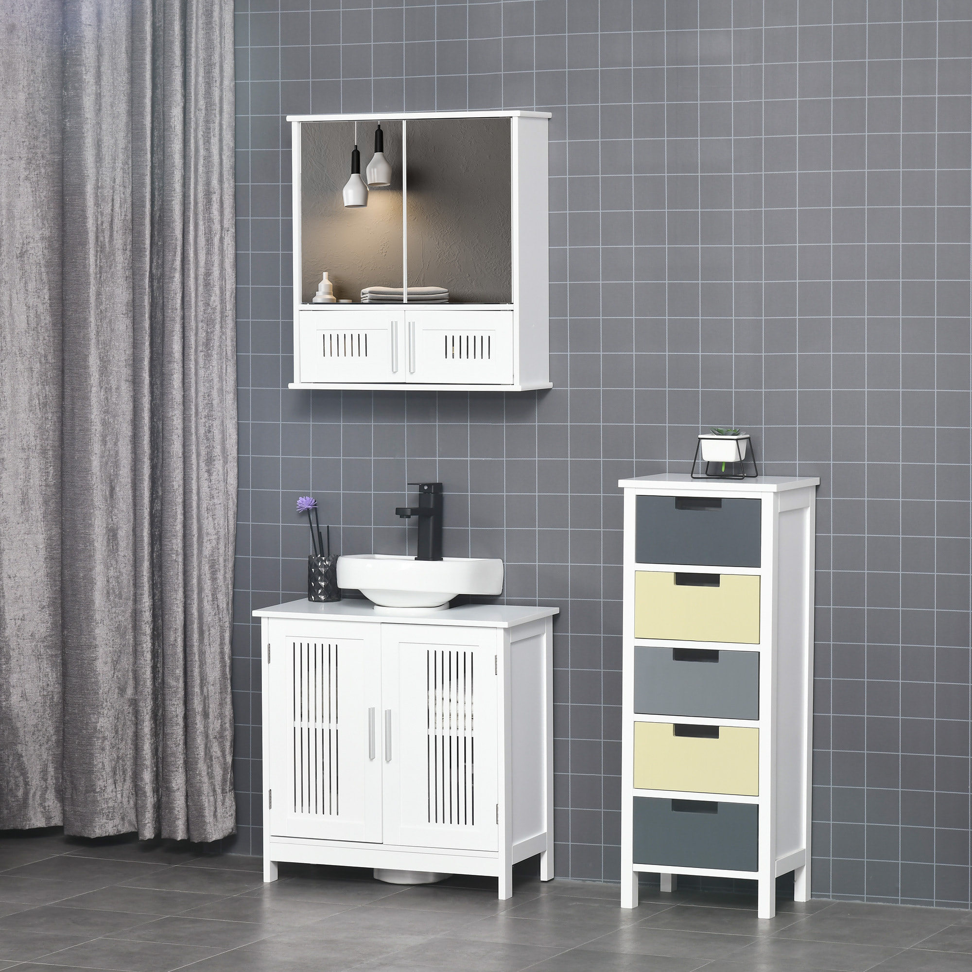 Armoire murale de salle de bain avec miroir - armoire à glace - placard de rangement toilettes - 4 portes, étagère - verre MDF blanc