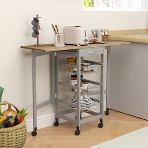 Carrito de Cocina con Alas Plegable, Carrito Auxiliar con Ruedas, Verdulero con Cajón y 3 Cesta de Metal, 97,2x37x77,5 cm, Gris y Roble