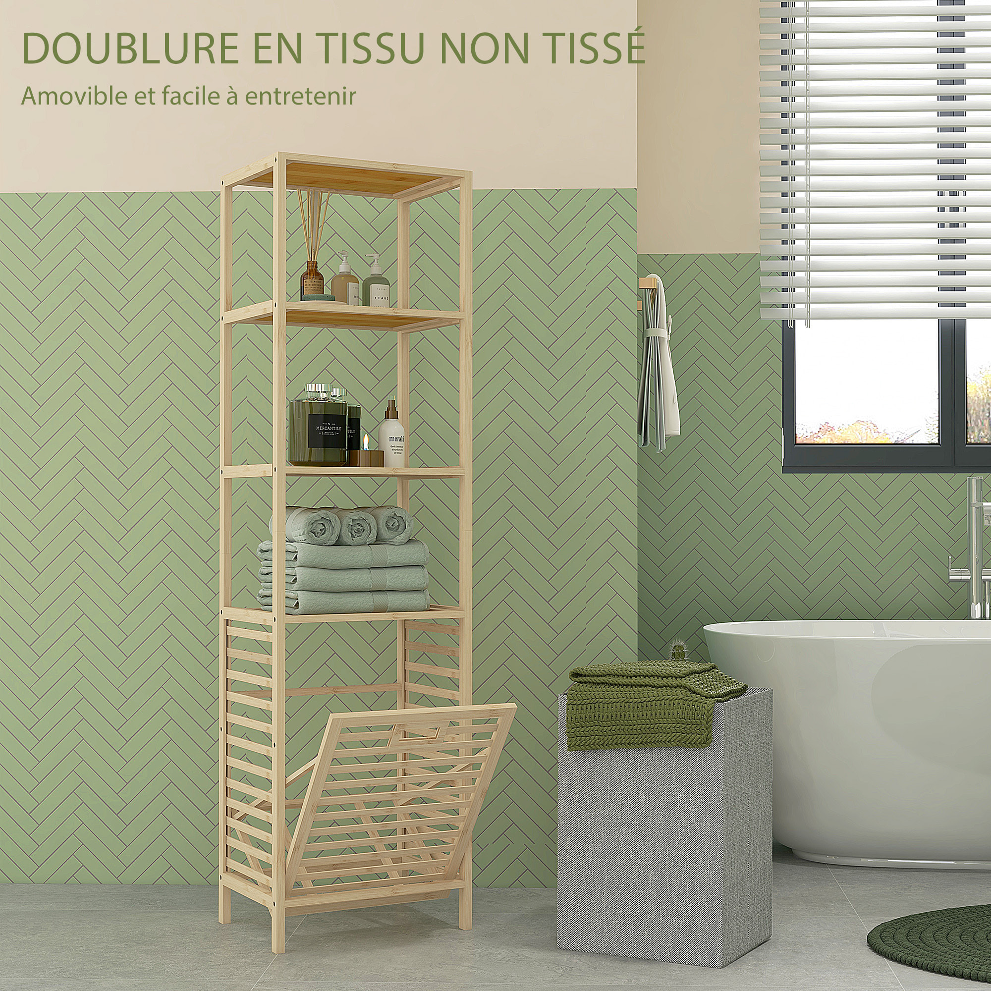 Meuble colonne salle de bain - 3 étagères, panier à linge amovible - tissu gris bambou verni