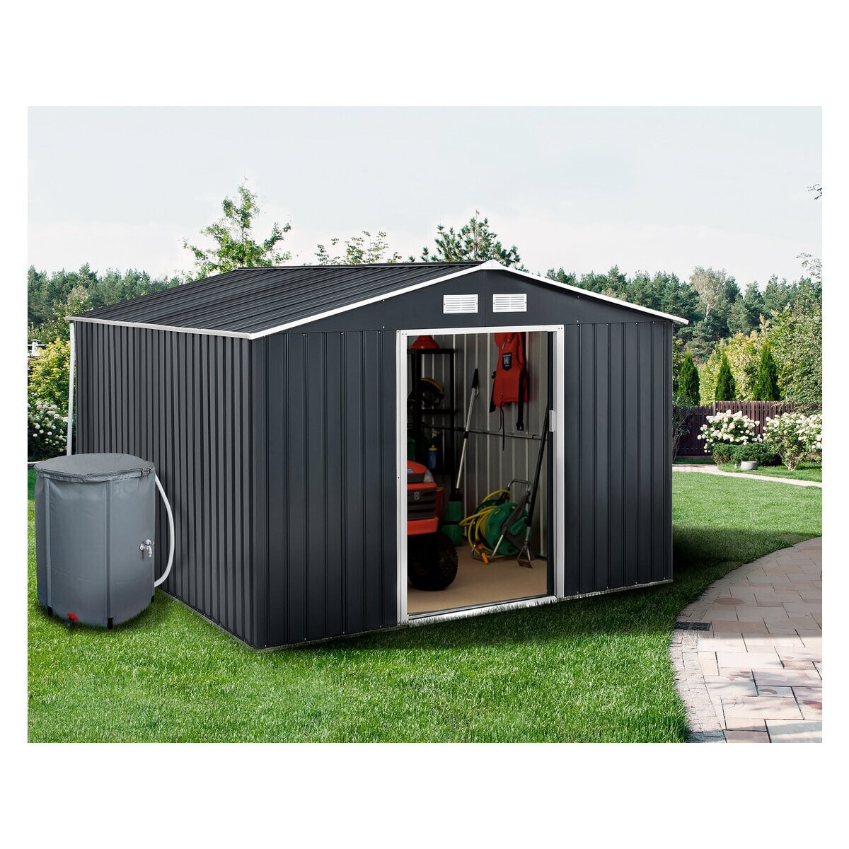 Abri de jardin métal - "Vegas"- 12.98 m² avec gouttière et récupérateur d'eau - "Vegas" - Gris