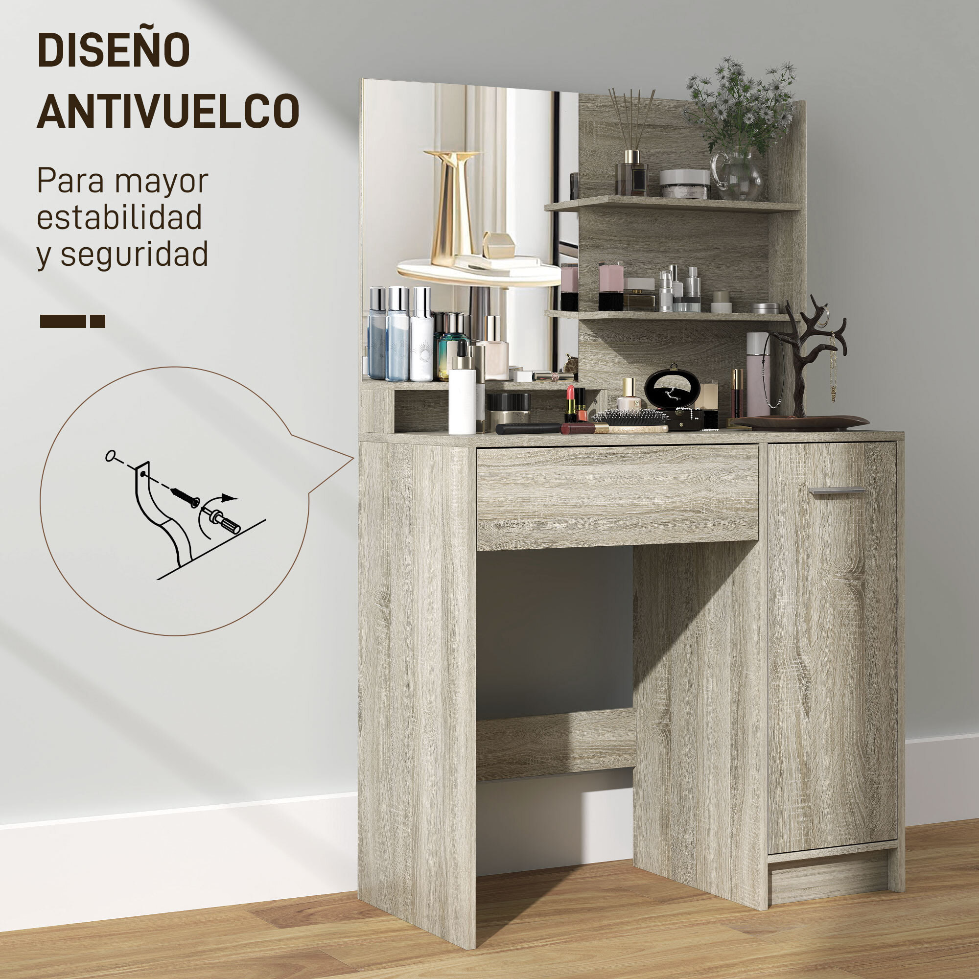 Tocador de Maquillaje con Taburete, Tocador con Espejo, Estantes Abiertos, Cajón y Estante Ajustable, Anti-vuelco, para Dormitorio, Salón y Vestidor, Natural