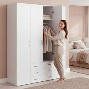 Armadio Guardaroba Con 4 Ante E 3 Cassetti Design Moderno Ampio Vano Con Barra Appendiabiti e Ripiani Salvaspazio Abiti 154 x 49.5 x 200.4 Cm Bianco