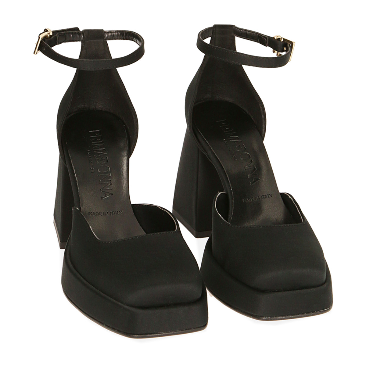 Décolleté platform nere in raso, tacco 9 cm