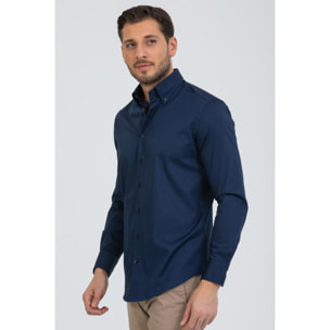 Camicia Uomo 2 Bottoni Button Down Slim Popeline Stretch Unito Blu