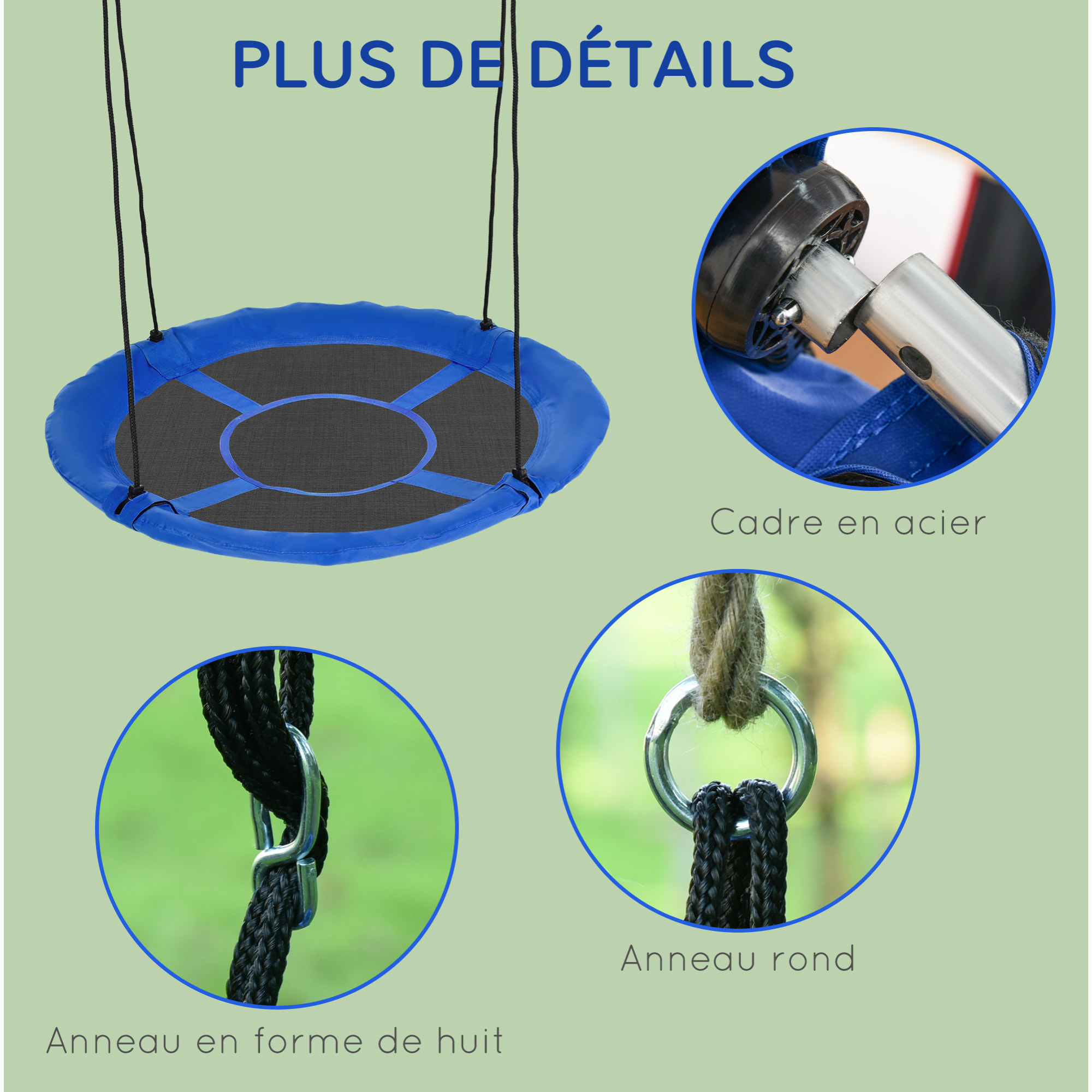 Balançoire nid d'oiseau ronde Ø 110 cm 4 anneaux inclus bleu