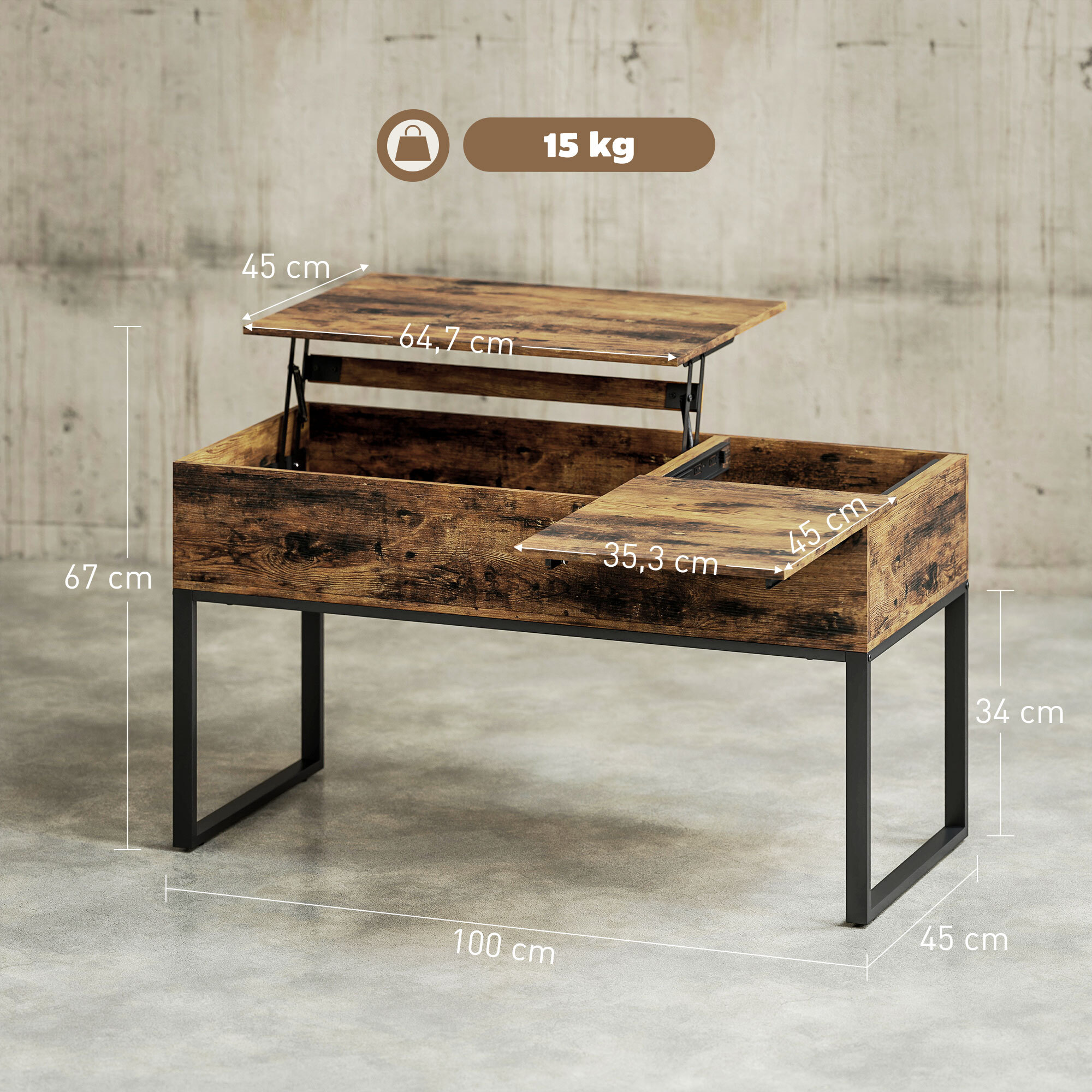 Mesa de Centro Elevable Mesa de Café con Encimera Deslizante Cierre Suave Espacio Oculto de Almacenaje 100x45x67 cm Marrón Rústico