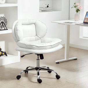 Silla de Oficina Piernas Cruzadas, Silla de Escritorio sin Brazos con Asiento Ancho, Ruedas, Altura Ajustable, Doble Acolchado, Giratoria, Función Basculante, Tapizada en PU, Blanco