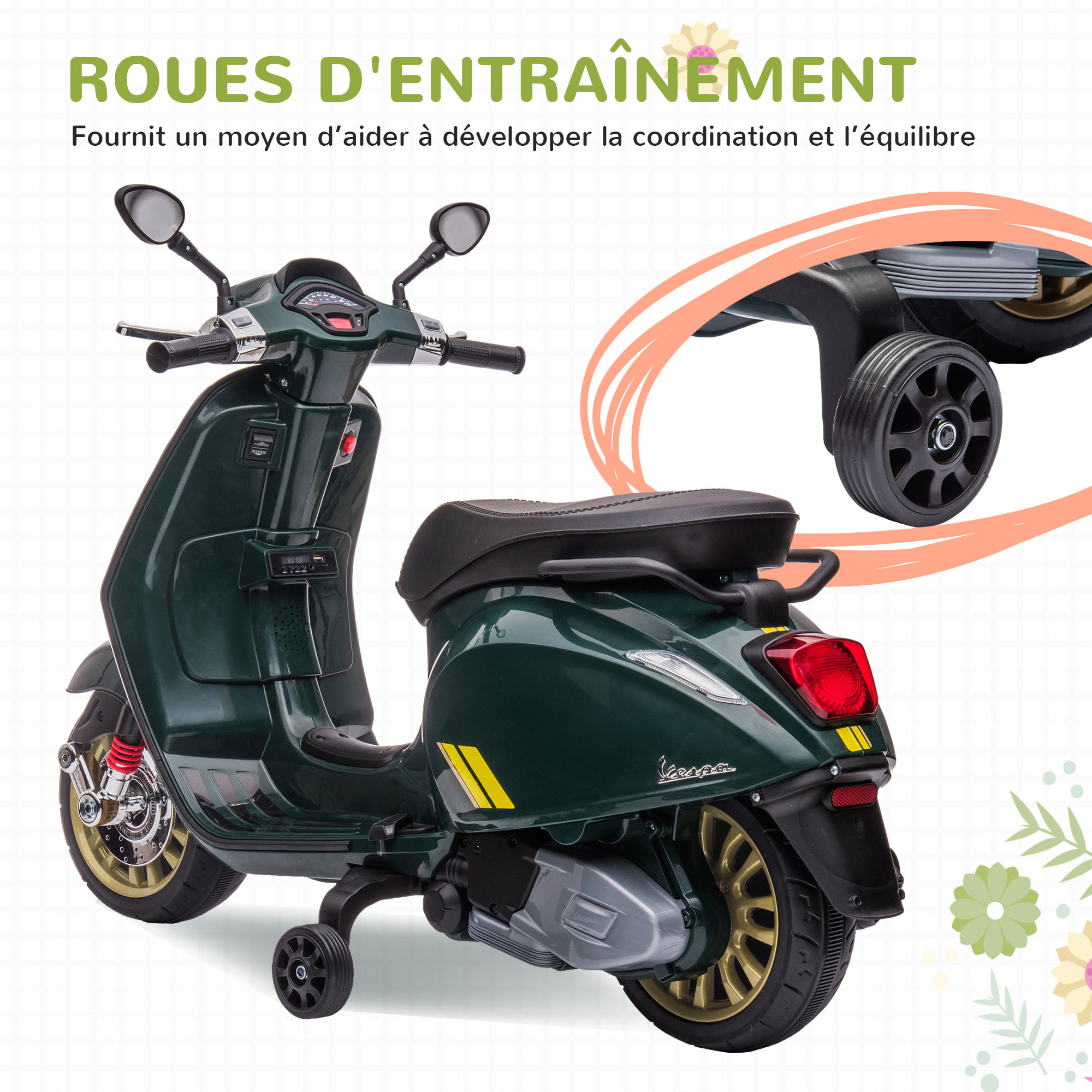 Scooter électrique enfant Vespa 6V - musiques, feu AV, entrée USB, radio FM - 2 roues support aux. - vert