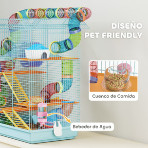 Jaula para Hámster Hábitat para Animales Pequeños de Múltiples Niveles con 4 Plataformas Cuenco de Comida Bebedero Rueda de Ejercicio Escaleras Sistema de Tubos 47x30x59 cm Azul Claro