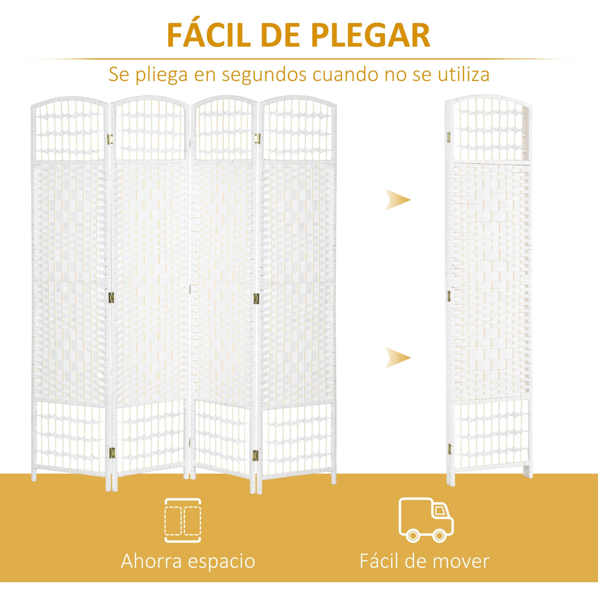 Biombo Separador de Ambientes de 4 Paneles 160x170 cm Divisor de Habitación Plegable de Cuerda de Papel y Marco de Madera Decoración para Dormitorio Salón Blanco