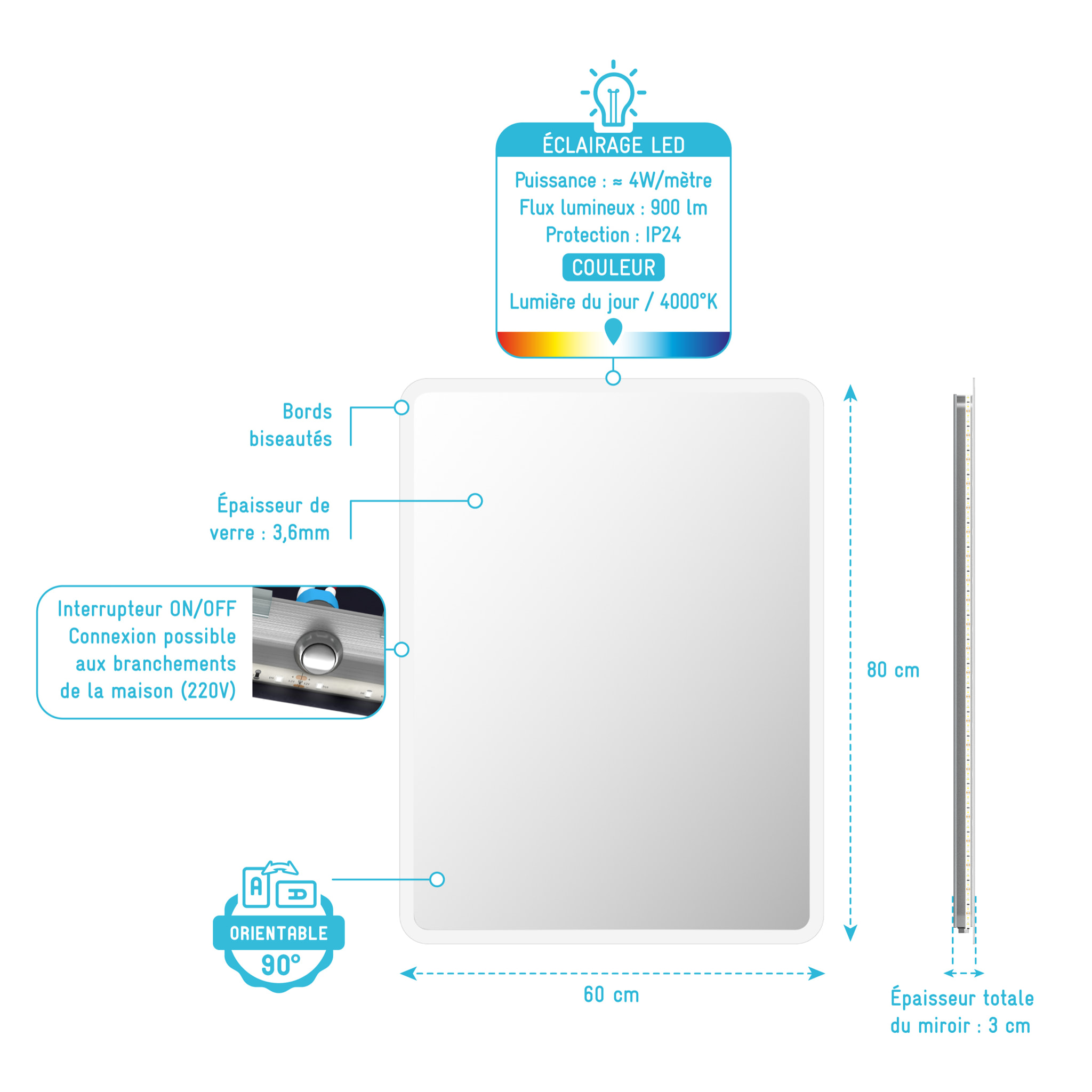 Miroir salle de bain avec eclairage LED - 60x80cm - GO LED