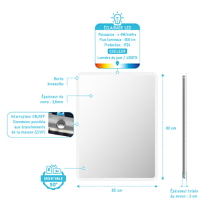 Miroir salle de bain avec eclairage LED - 60x80cm - GO LED