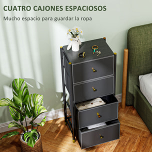 Cómoda para Dormitorio Cajonera de Tela con 4 Cajones Plegables con Frentes de PU y Marco de Acero Cajonera para Dormitorio Salón Negro