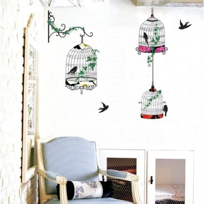 Stickers Muraux décoration adhésifs oiseaux en cages baroque