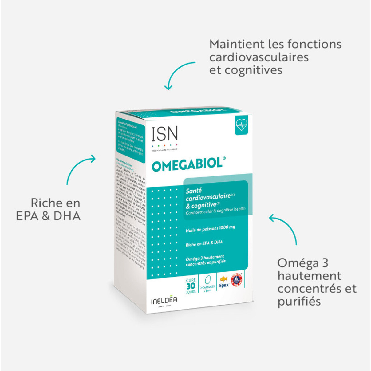 ISN - Omegabiol - Complément alimentaire à base d'acide gras Oméga 3 - Riche en EPA + DHA - Maintien de l'équilibre cardiovasculaire - Sans Gluten - Marque Française - Cure 30 jours