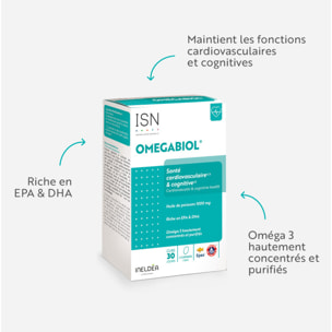ISN - Omegabiol - Complément alimentaire à base d'acide gras Oméga 3 - Riche en EPA + DHA - Maintien de l'équilibre cardiovasculaire - Sans Gluten - Marque Française - Cure 30 jours