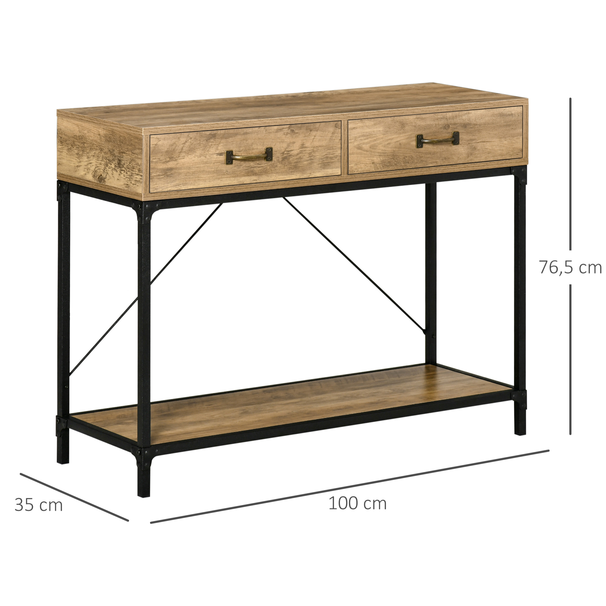 Console table d'appoint design industriel dim. 100L x 35l x 76H cm 2 tiroirs poignées laiton vieilli étagère métal noir aspect bois veinage