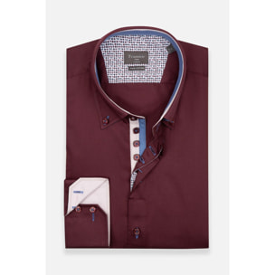 Camicia Uomo 2 Bottoni Button Down Slim Satin Unito Bordeaux