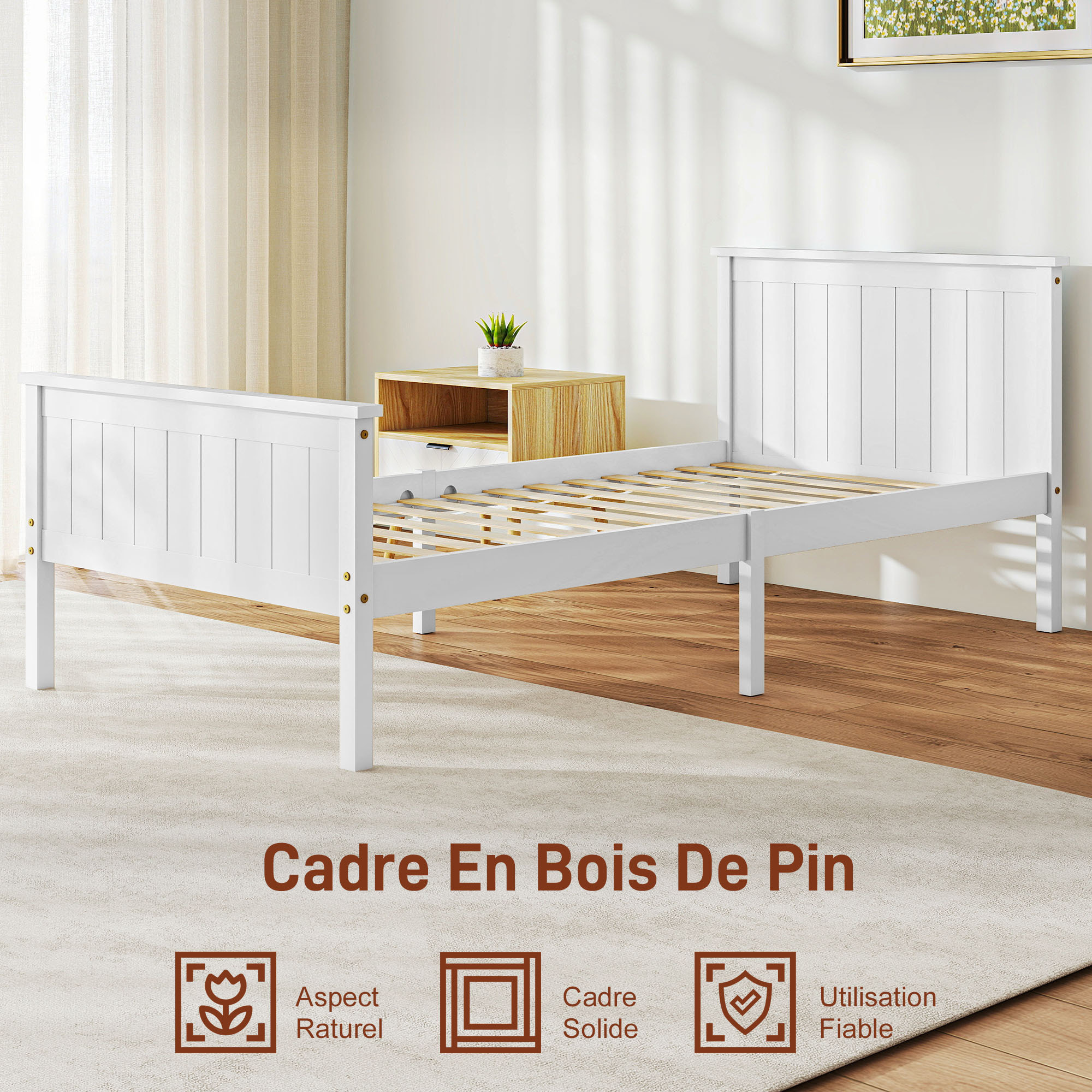 Lit simple bois de pin blanc rainuré - tête de lit, pied de lit et sommier - 210L x 98l x 82H cm - compatible matelas 200L x 140l cm